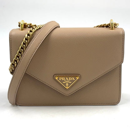 Prada Triangle Logo Saffiano Leather Beige Chain Shoulder Bag Gold