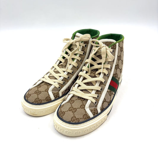 Gucci Tennis High Top Canvas Rubber Beige Sneakers Silver