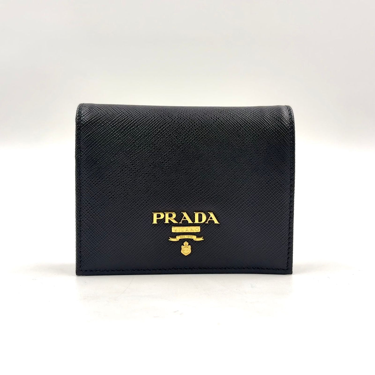 Prada Saffiano Multicolor Compact Wallet Leather Black Bifold Gold