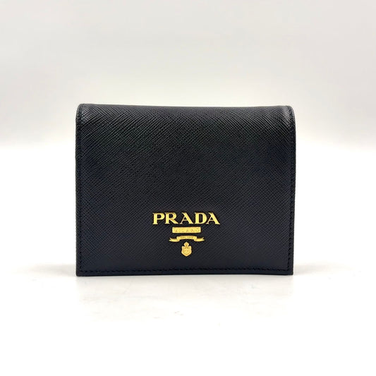 Prada Saffiano Multicolor Compact Wallet Leather Black Bifold Gold
