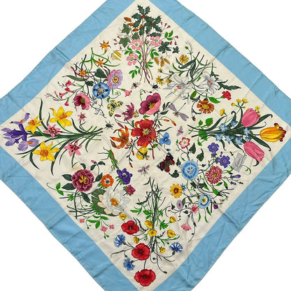Gucci Scarf Light Blue Green Multi Floral Pattern