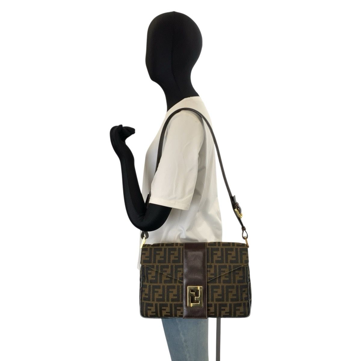 Fendi Vintage Zucca Brown Gold Canvas Leather Shoulder Bag — view 6