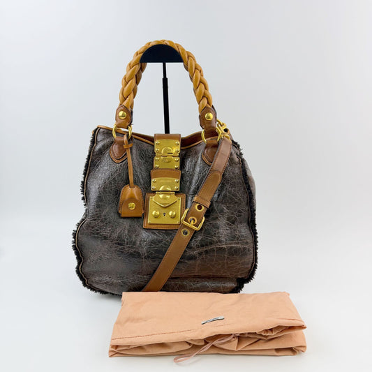 Miu Miu Lock Braided Handle 2-Way Shoulder Bag Shearling Leather Dark Brown
