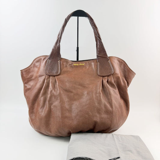 Miu Miu Twist Handle Gathered Logo Tote Shoulder Bag Leather Brown Gold Vintage