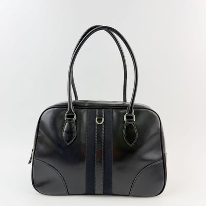 Prada Bowling Triangle Logo Side Line Shoulder Bag Leather Black Silver Vintage
