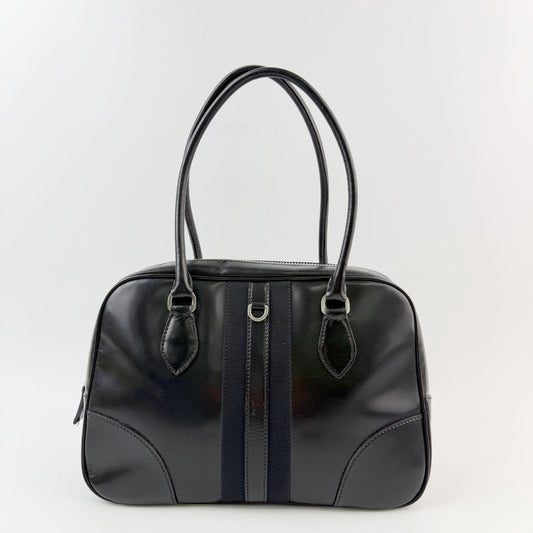 Prada Bowling Triangle Logo Side Line Shoulder Bag Leather Black Silver Vintage