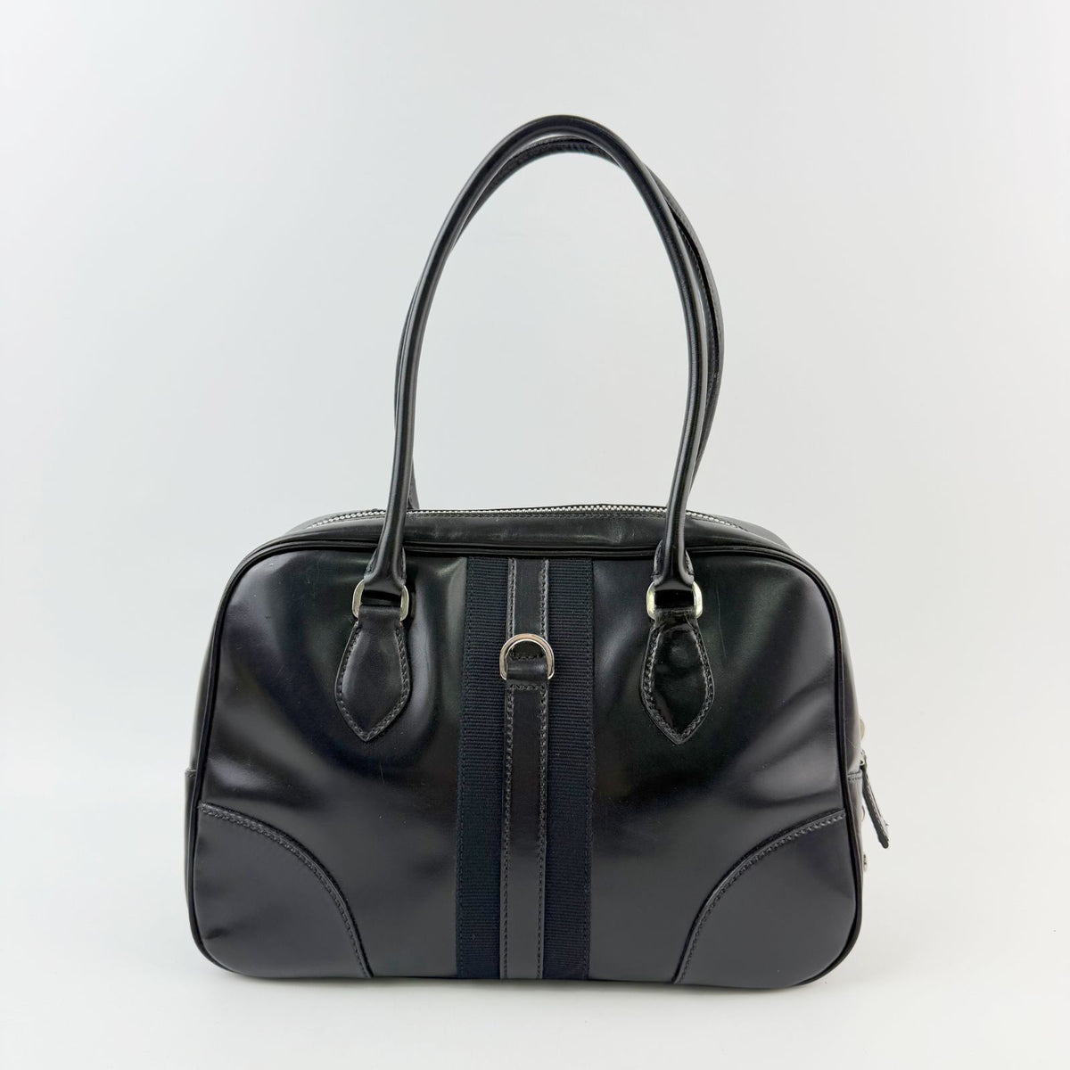 Prada Bowling Triangle Logo Side Line Shoulder Bag Leather Black Silver Vintage — view 2