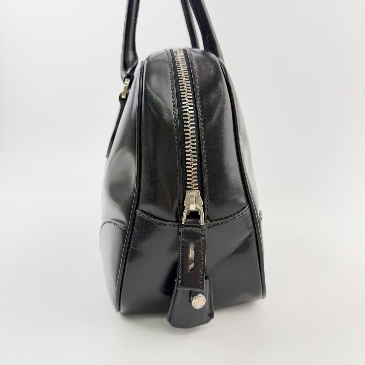 Prada Bowling Triangle Logo Side Line Shoulder Bag Leather Black Silver Vintage — view 5