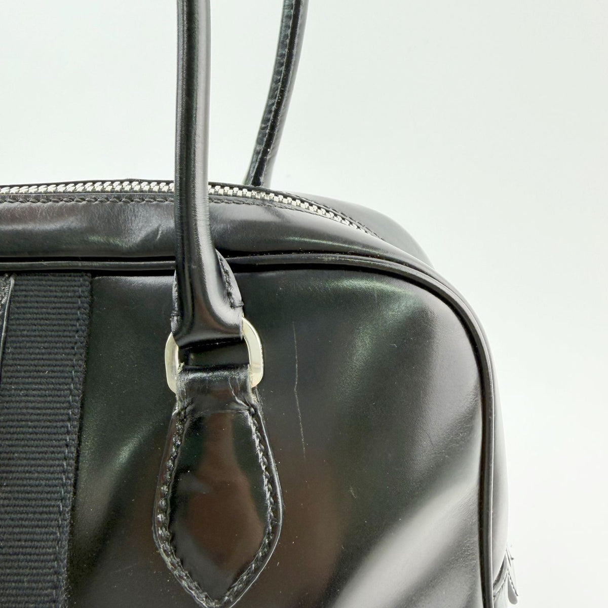 Prada Bowling Triangle Logo Side Line Shoulder Bag Leather Black Silver Vintage — view 3