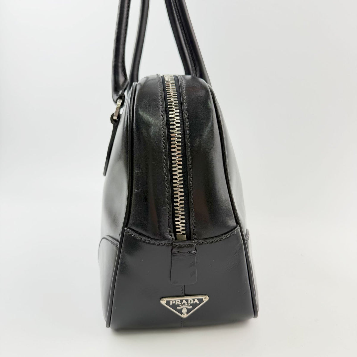 Prada Bowling Triangle Logo Side Line Shoulder Bag Leather Black Silver Vintage — view 4