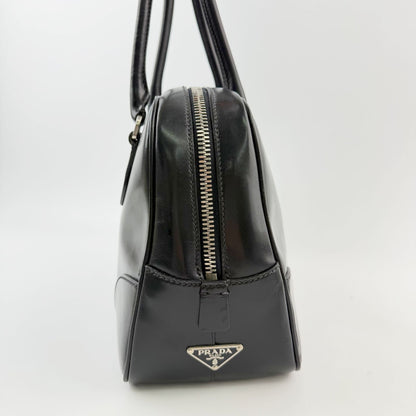 Prada Bowling Triangle Logo Side Line Shoulder Bag Leather Black Silver Vintage — view 4