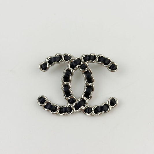 Chanel CC Logo Leather Braided Chain Brooch Plated Silver Black Vintage