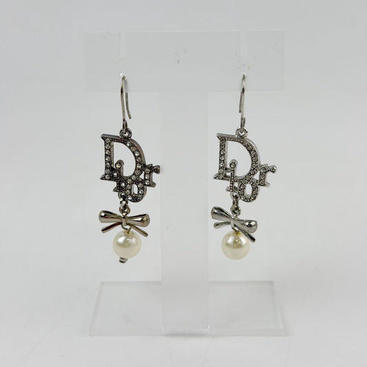 Dior Logo Ribbon Pearl Swing Earrings Plated Silver Ivory Clear Vintage