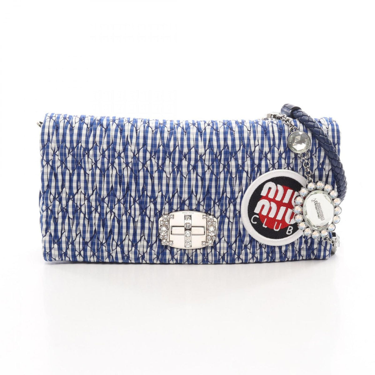 Miu Miu Shoulder Bag Matelasse Blue White Black Red Cotton Leather Bijou Chain