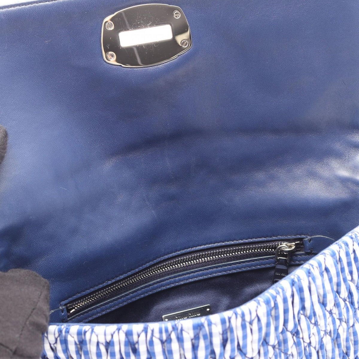 Miu Miu Shoulder Bag Matelasse Blue White Black Red Cotton Leather Bijou Chain — view 5