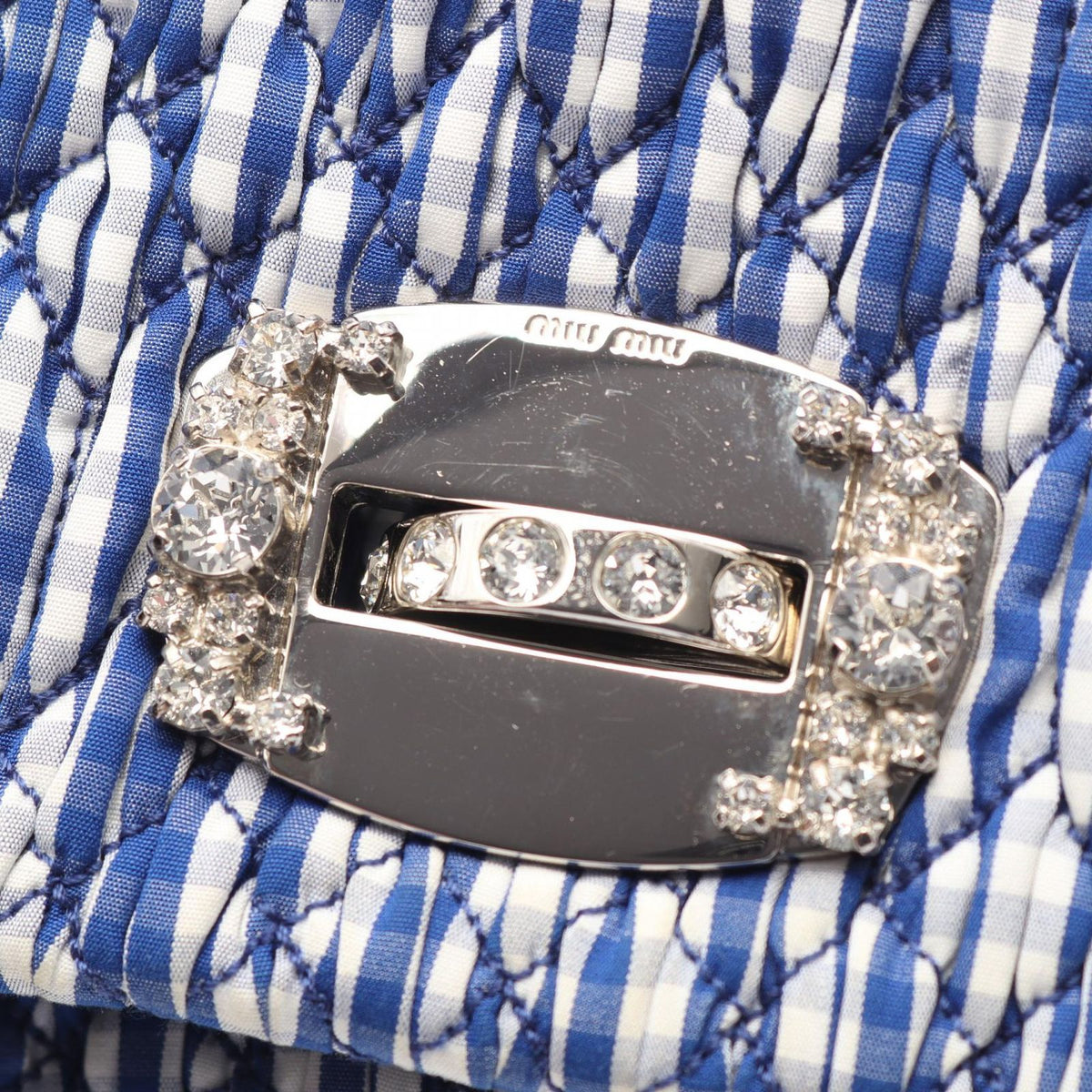 Miu Miu Shoulder Bag Matelasse Blue White Black Red Cotton Leather Bijou Chain — view 6