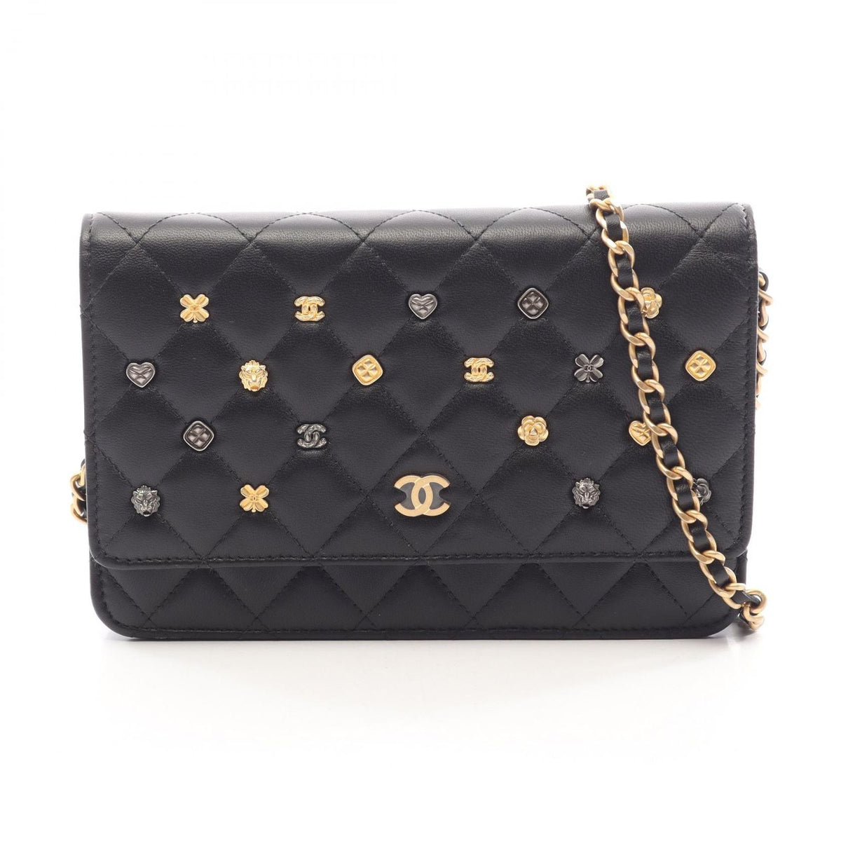 Chanel Shoulder Bag Quilted Icon Black Lambskin Charm Chain Wallet
