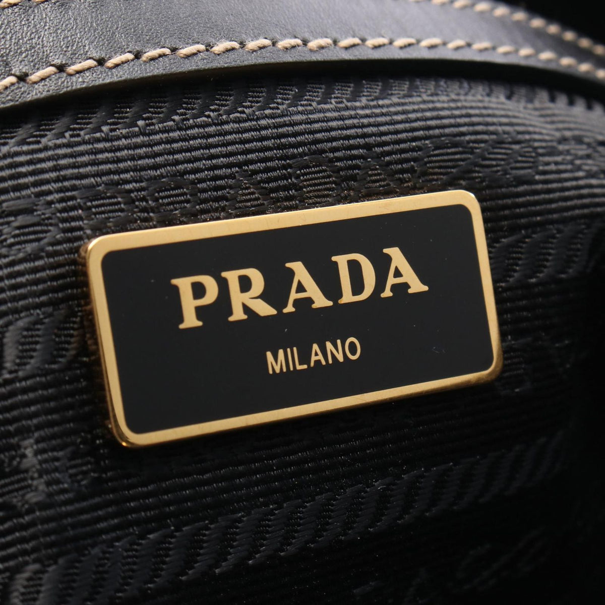 Prada Tote Bag Logo Jacquard Beige Black Canvas Leather — view 4