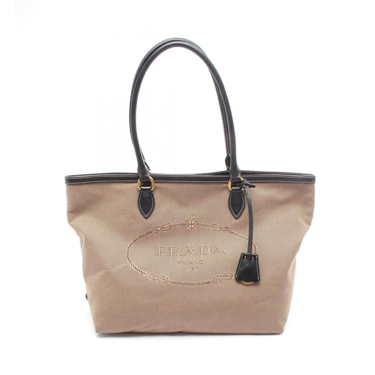 Prada Tote Bag Logo Jacquard Beige Black Canvas Leather