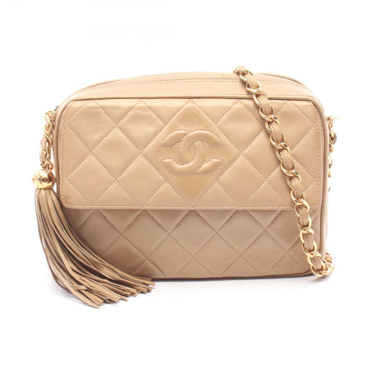 Chanel Shoulder Bag Quilted CC Logo Tassel Beige Lambskin Fringe Chain