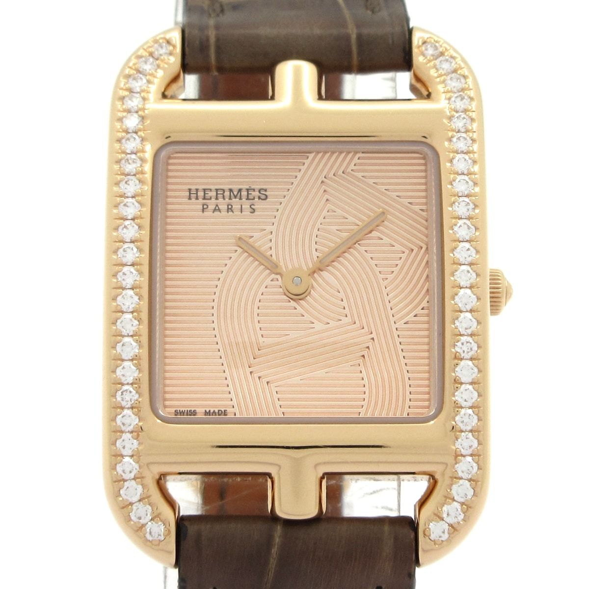 Hermes Watch Cape Cod Joye 18k Pink Gold Diamond Leather Strap Beige