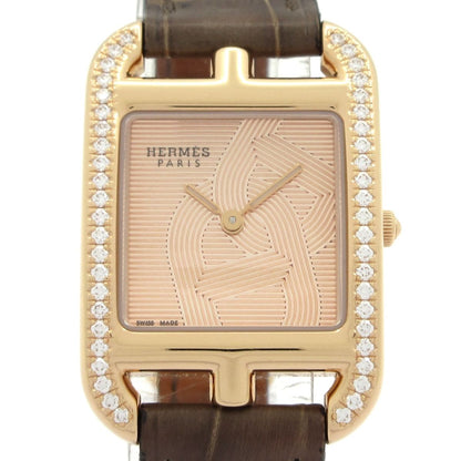 Hermes Watch Cape Cod Joye 18k Pink Gold Diamond Leather Strap Beige