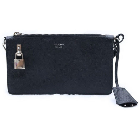 Prada Saffiano Leather Pouch Mini Handbag Black Silver
