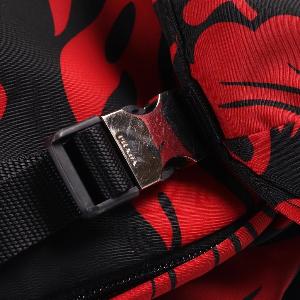 Prada All Over Print Nylon Backpack Black Red Silver — view 6