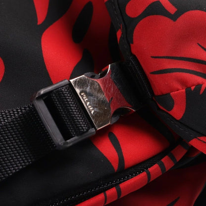 Prada All Over Print Nylon Backpack Black Red Silver — view 6