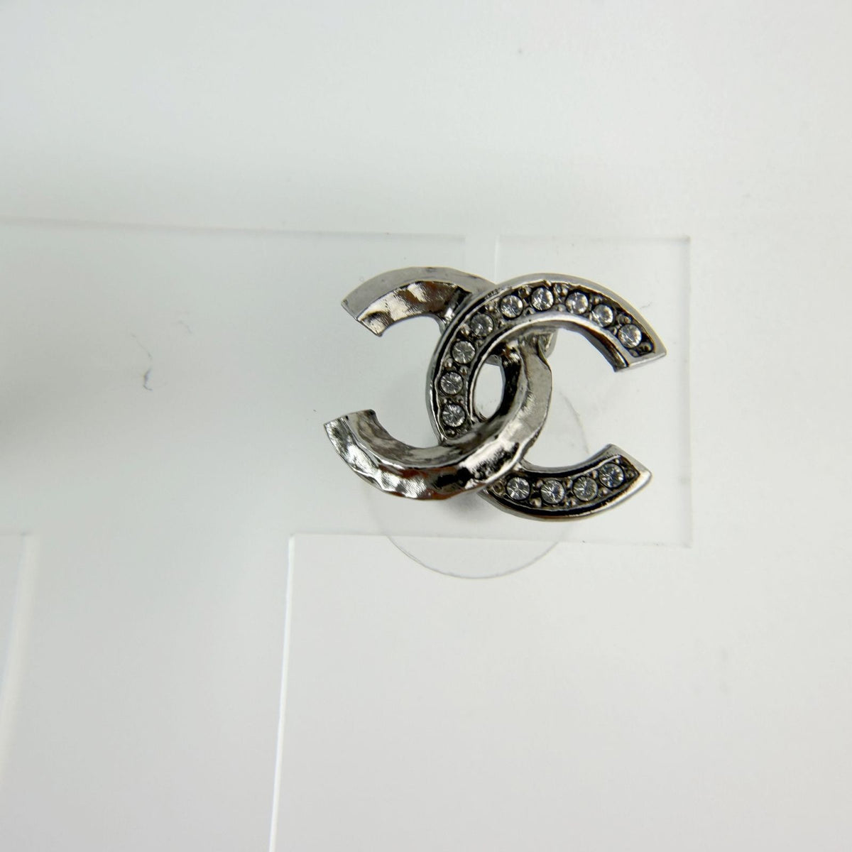 Chanel CC Logo Rhinestone Earrings Plated Silver Clear Vintage — view 3