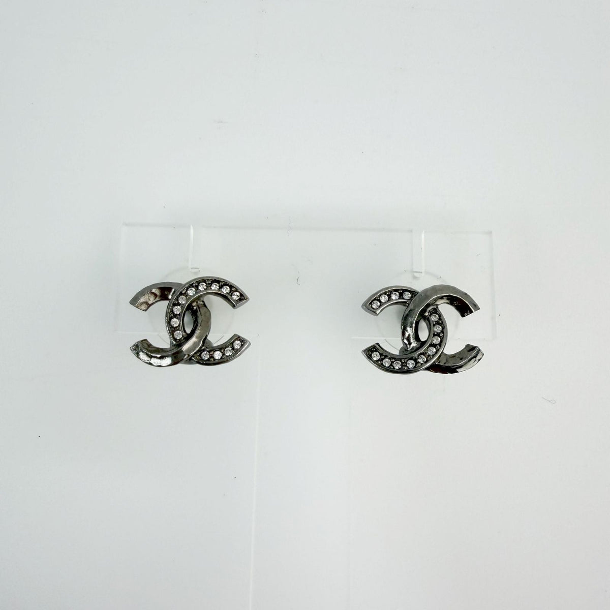 Chanel CC Logo Rhinestone Earrings Plated Silver Clear Vintage
