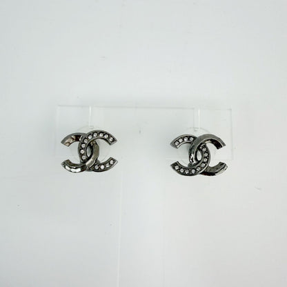Chanel CC Logo Rhinestone Earrings Plated Silver Clear Vintage