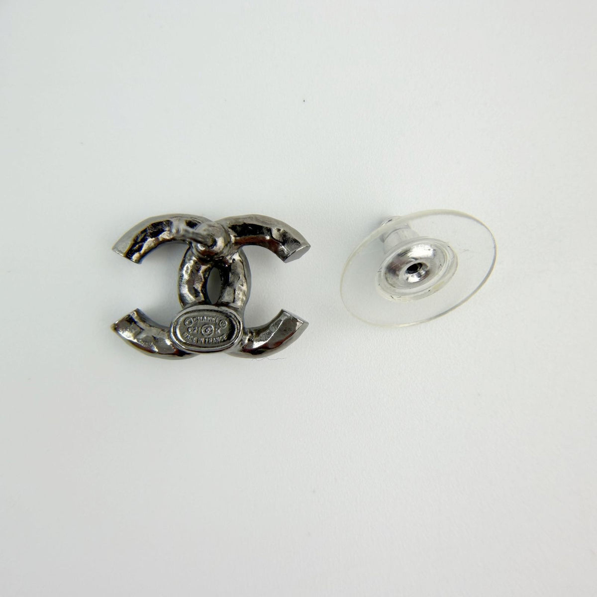 Chanel CC Logo Rhinestone Earrings Plated Silver Clear Vintage — view 6