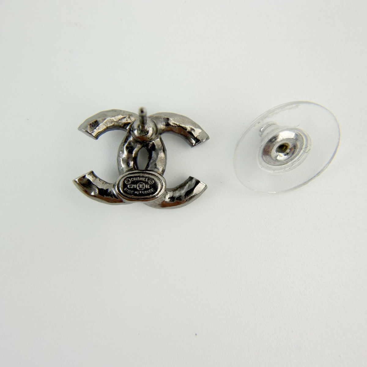 Chanel CC Logo Rhinestone Earrings Plated Silver Clear Vintage — view 5