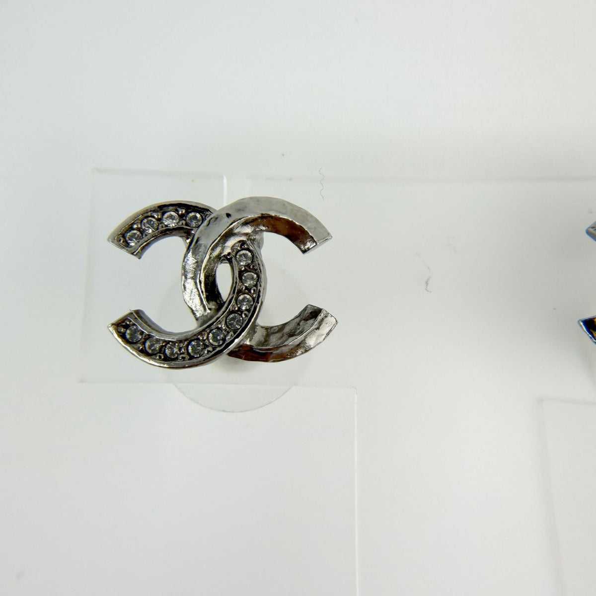 Chanel CC Logo Rhinestone Earrings Plated Silver Clear Vintage — view 2