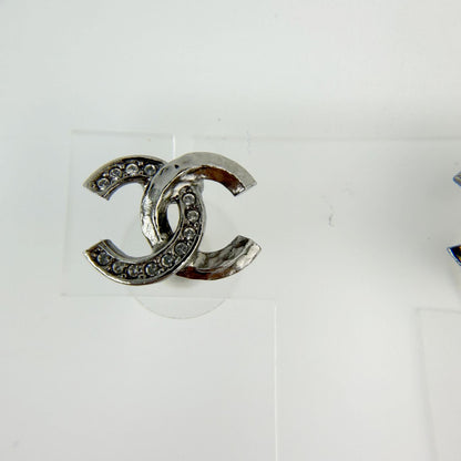 Chanel CC Logo Rhinestone Earrings Plated Silver Clear Vintage — view 2