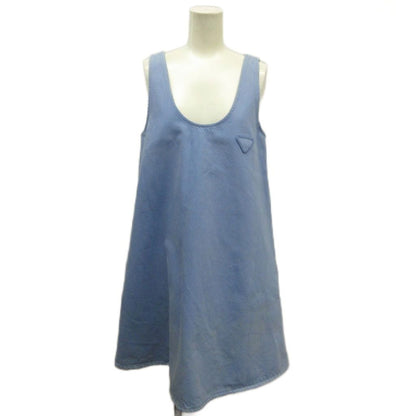 Prada A-Line Denim Mini Dress Sleeveless Tunic Knee-Length Triangle Logo Motif