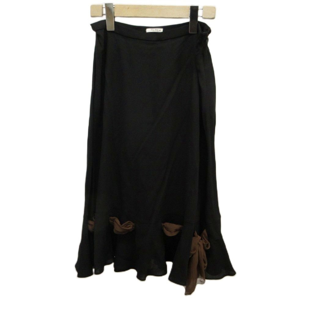 Miu Miu Flare Long Skirt Black Brown Ribbon 38