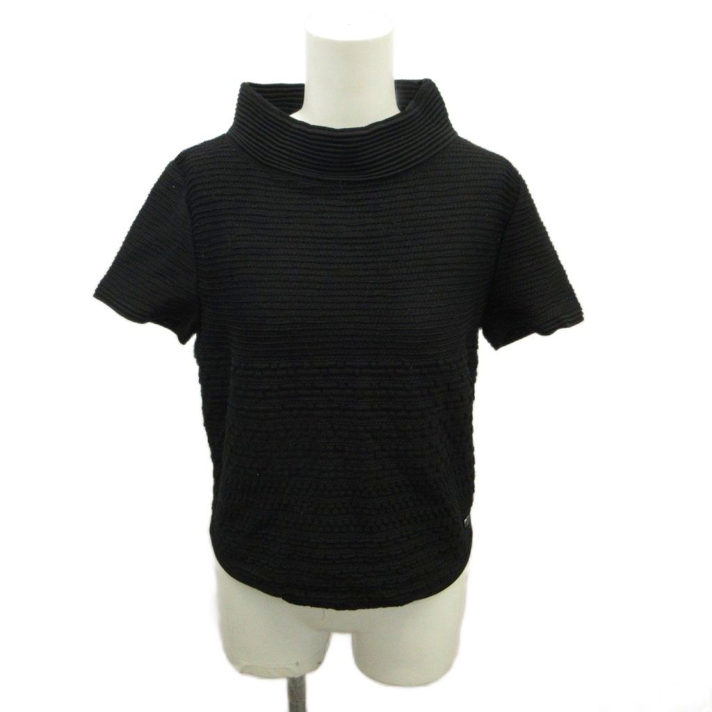 Chanel CC Logo Plate Turtleneck Short Sleeve Knit Top High Neck Rib Black 38