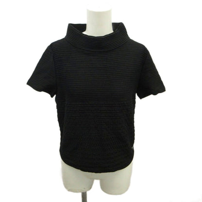 Chanel CC Logo Plate Turtleneck Short Sleeve Knit Top High Neck Rib Black 38