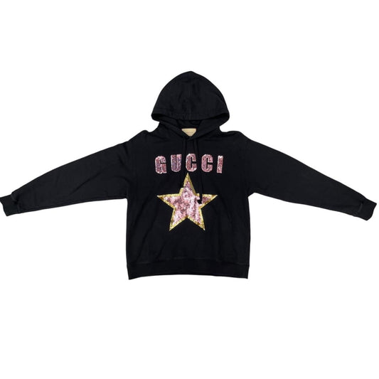 Gucci Logo Sequined Hoodie Black Sweatshirt Long Sleeve Sequins Pink Star L