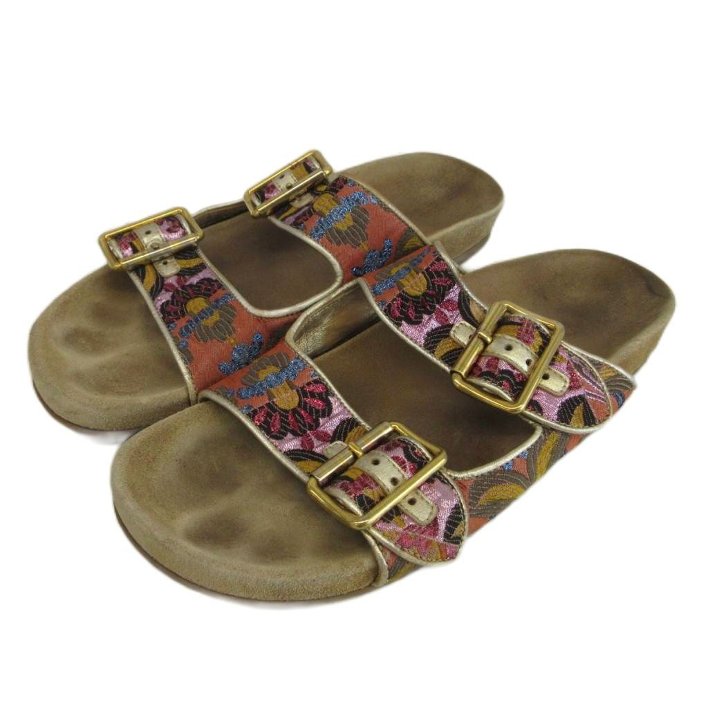 Prada Comfort Sandals Slide Flat Jacquard Floral Double Belt Beige