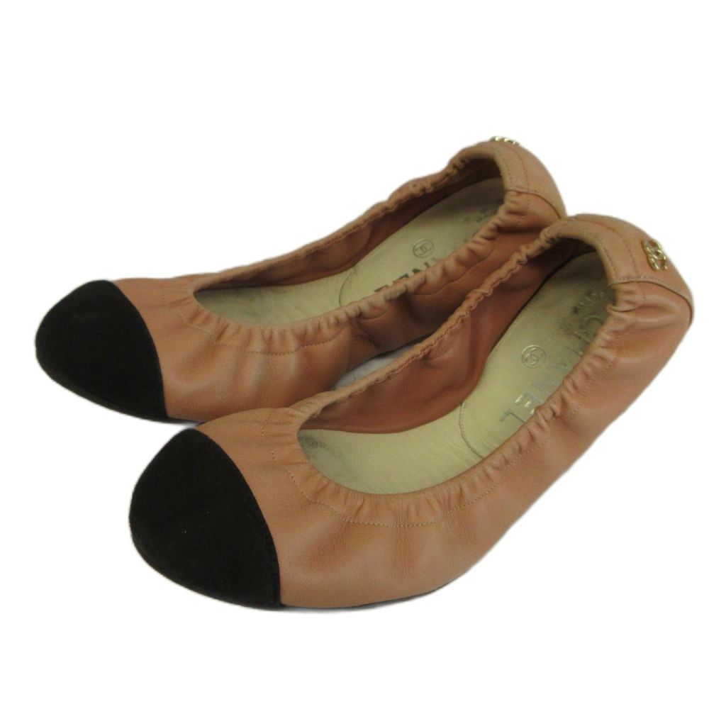 Chanel Ballet Shoes Flat Pumps Leather Cap Toe CC Logo Bicolor Pink