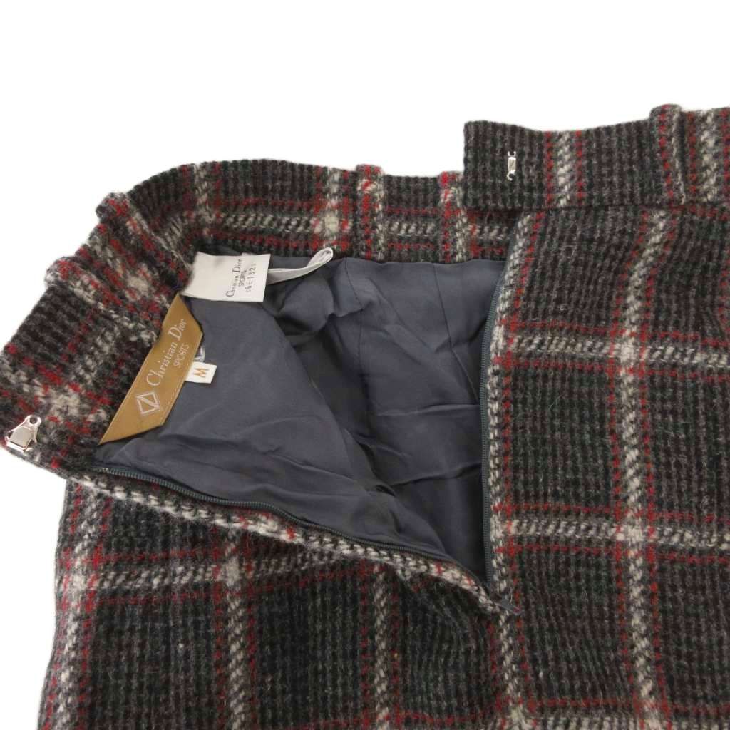 Dior Vintage Pencil Skirt Plaid Pleated Midi Length Wool Gray MX M — view 4
