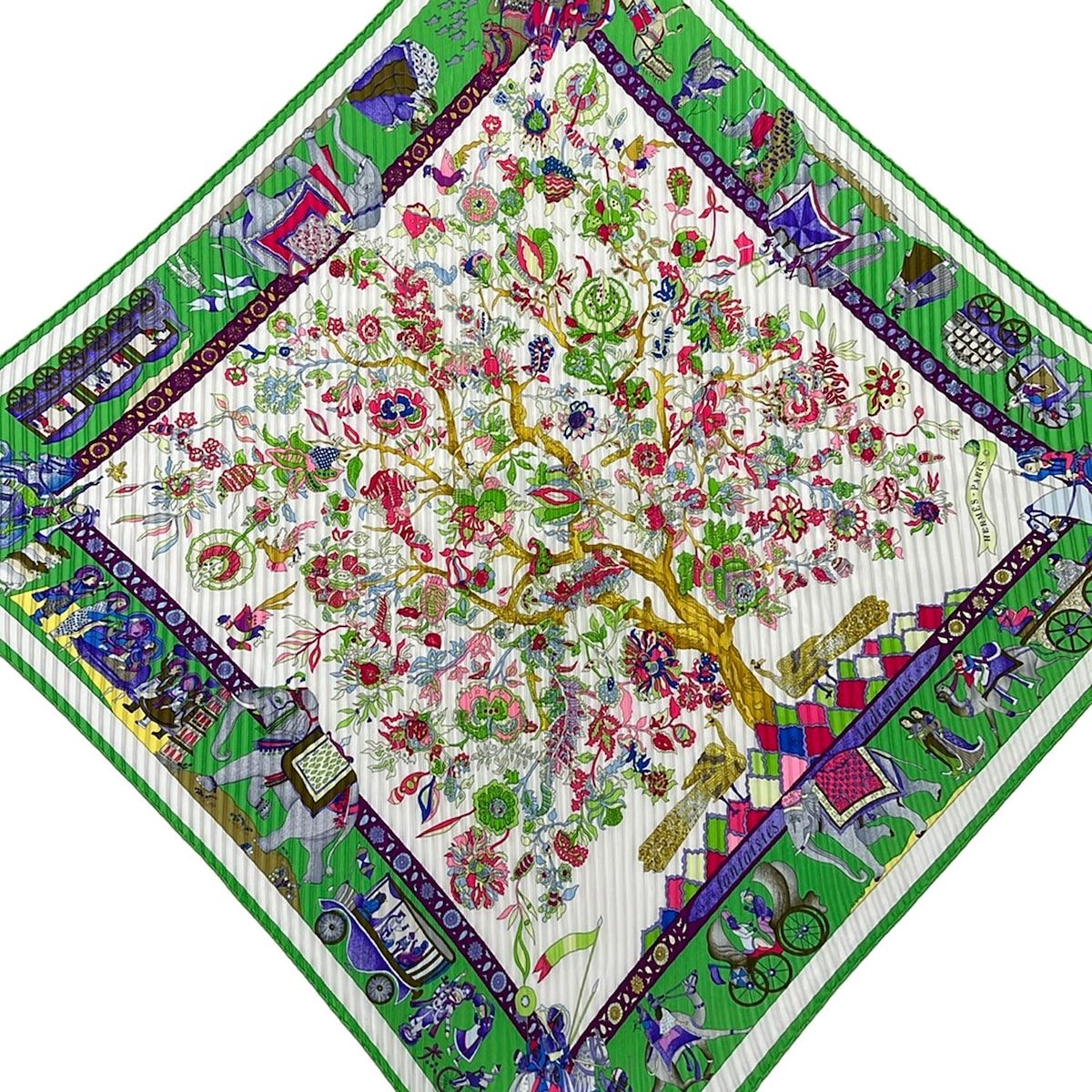 Hermes Scarf Carre Plisse Green White Fantaisies Indiennes