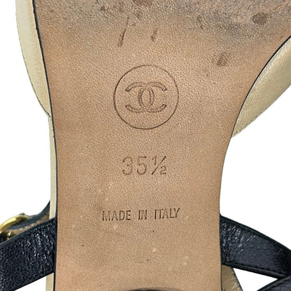 Chanel Sandals Beige Black CC Logo Leather — view 6