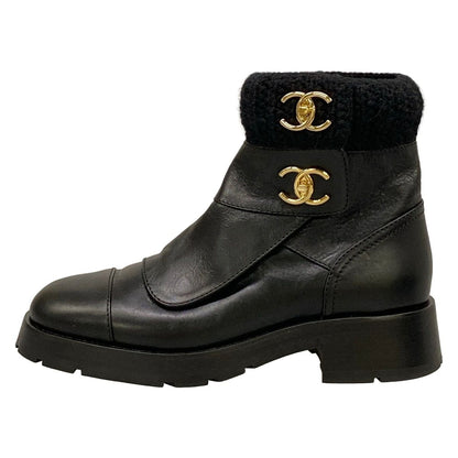 Chanel Short Boots Black CC Logo Fleece Leather