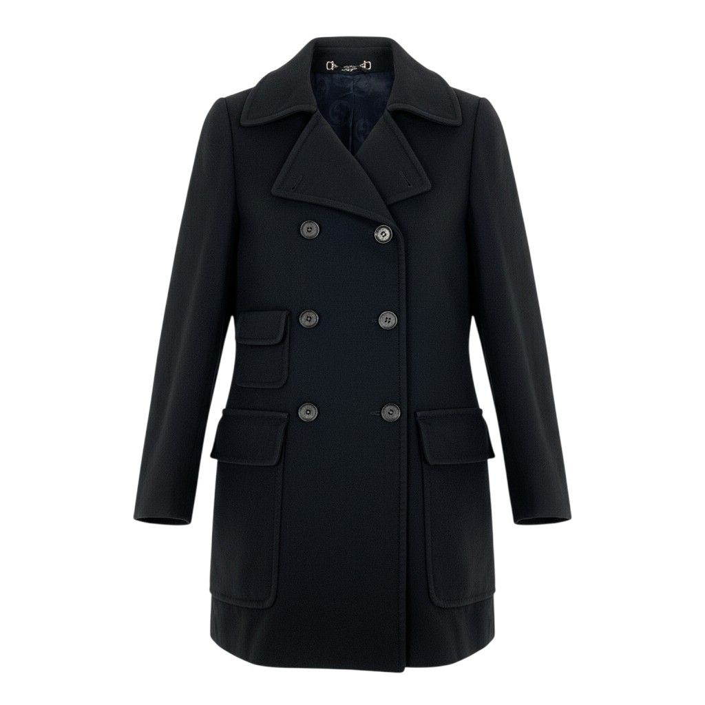 Gucci Double Breasted Pea Coat Notch Lapel Black 40