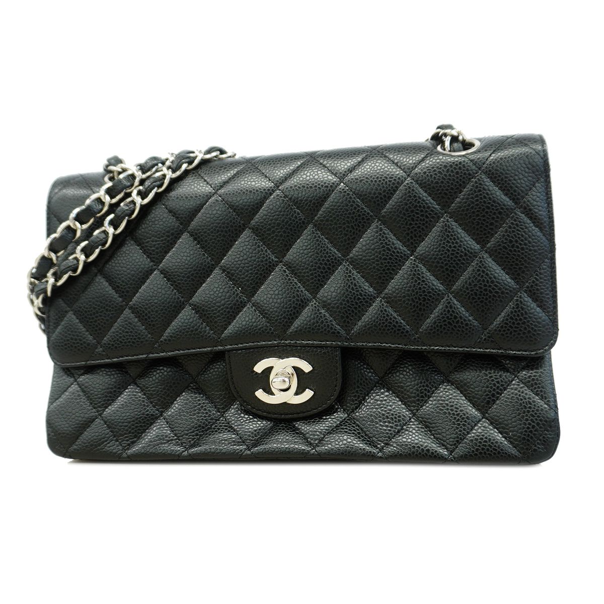 Chanel Shoulder Bag Quilted Caviar Leather Black Silver