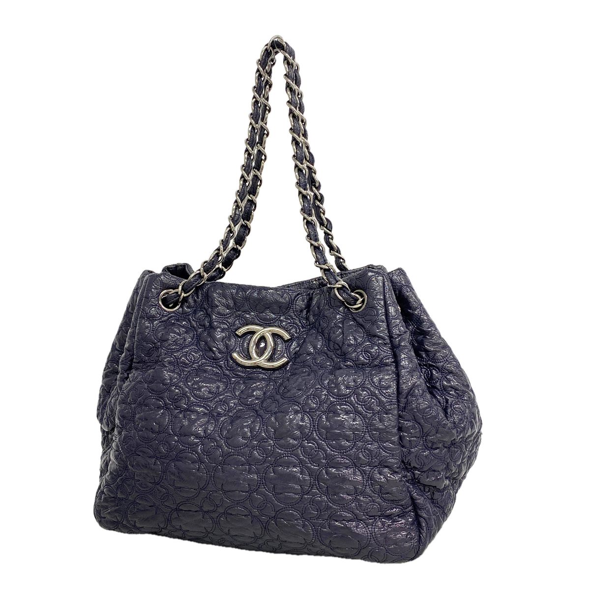 Chanel Shoulder Bag Leather Navy Silver